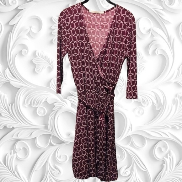 41 Hawthorn Purple White Geometric Design Faux Wrap Midi/Knee Length Dress - Picture 1 of 4